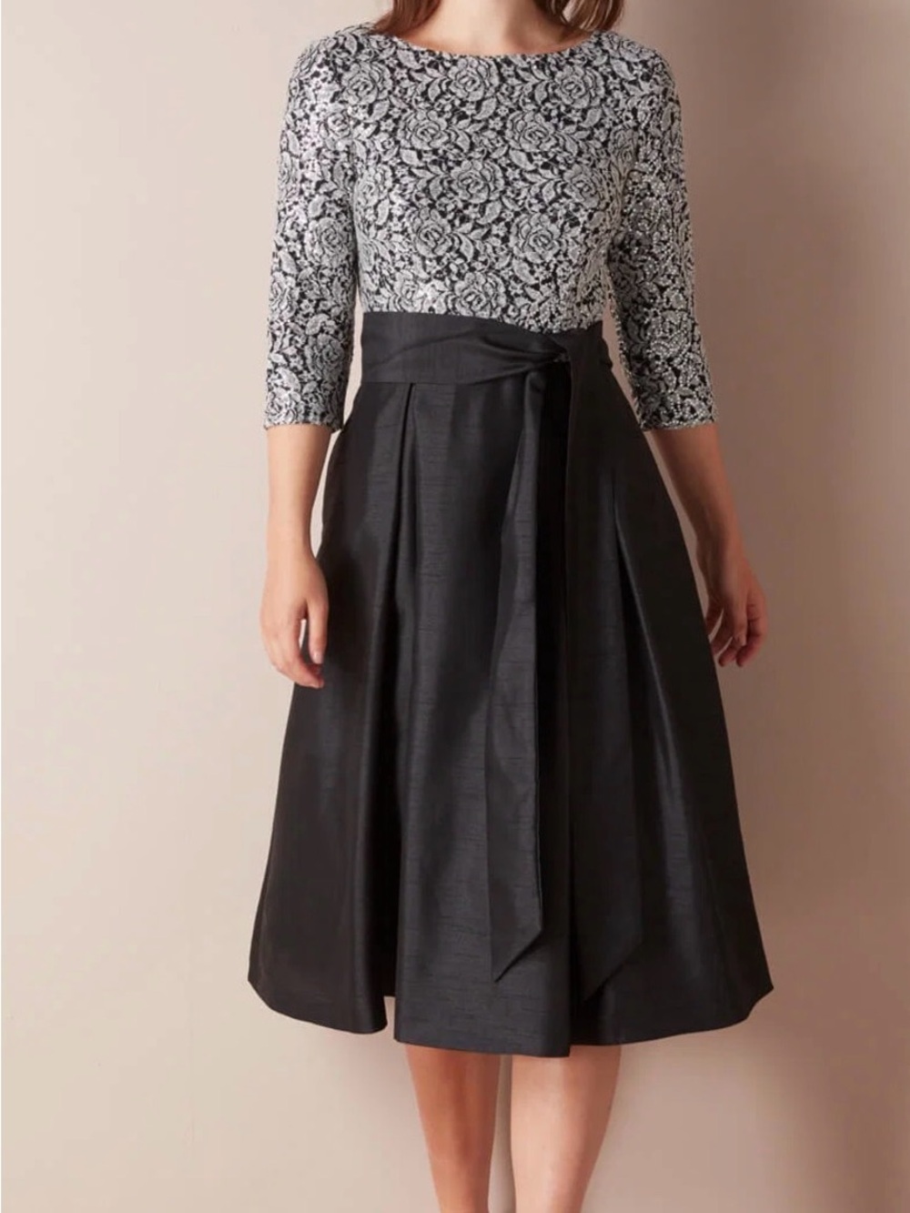 Jessica Howard Black Skirt with Silver Faux Lace Bodice Midi Dress